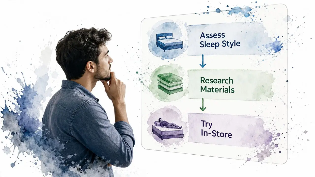 A man thoughtfully looking at an infographic on choosing a mattress with three steps to consider.