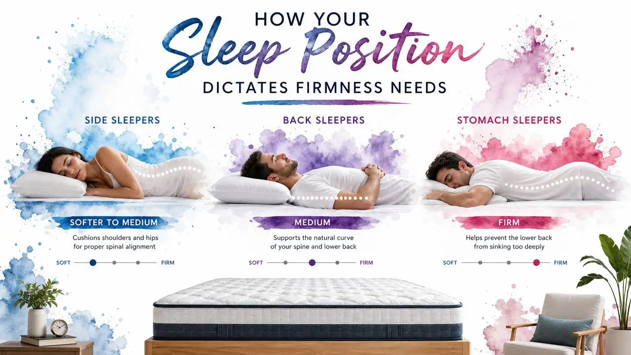 A visual guide explaining how sleep positions, including side, back, and stomach, dictate the required mattress firmness.