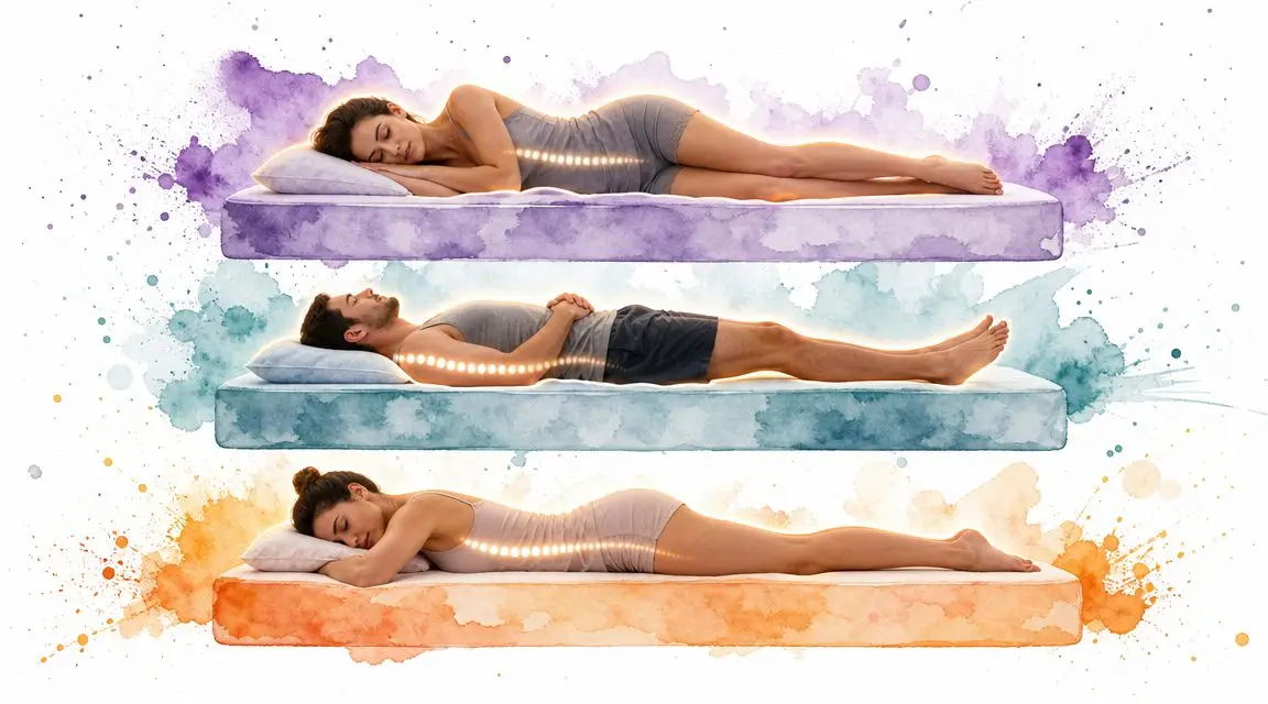 Three people demonstrate different sleeping positions on mattresses showing ergonomic spine support with glowing white dots.