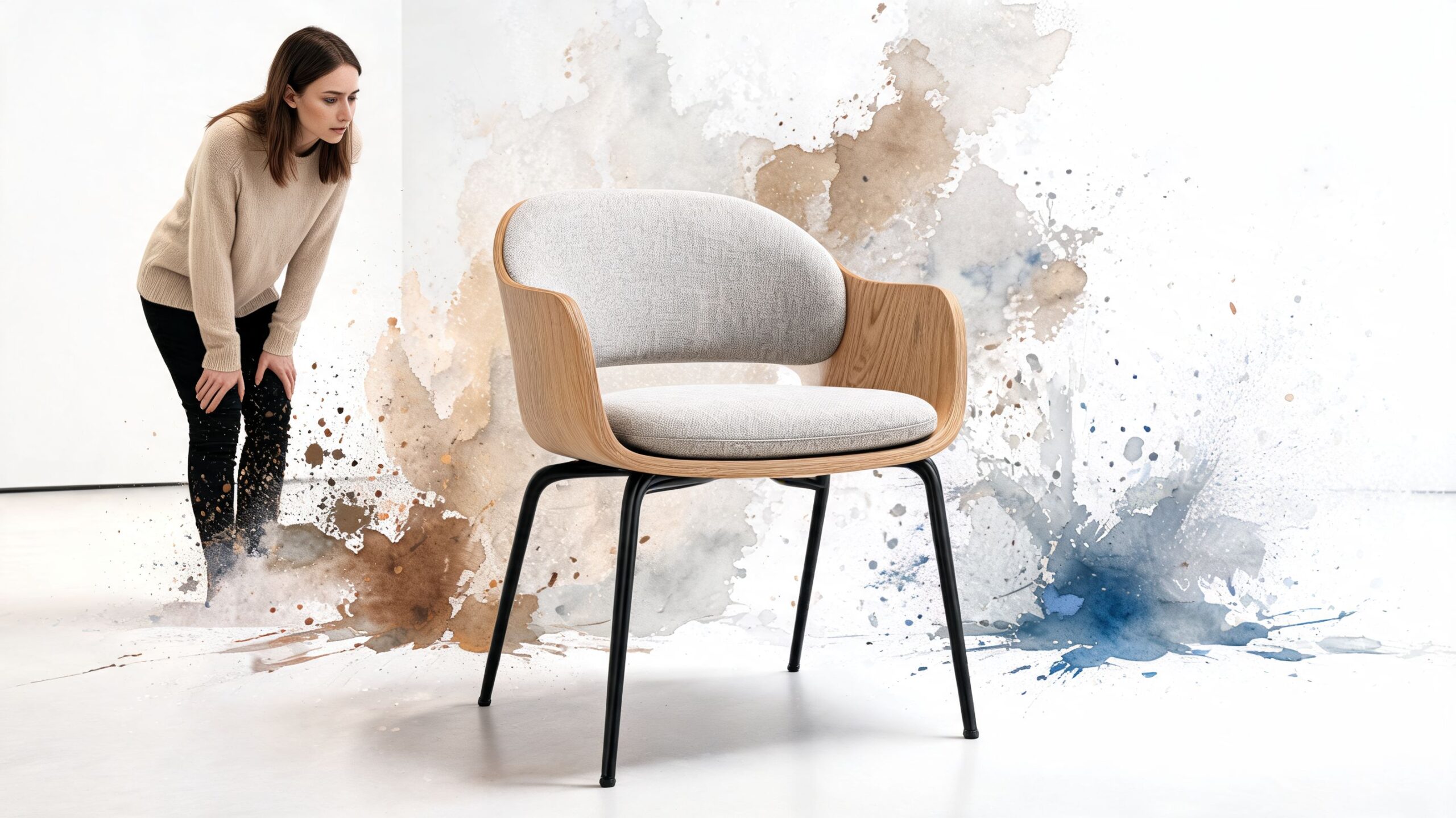 A woman observing a modern wooden armchair with light gray upholstery against an artistic watercolor wall backdrop.