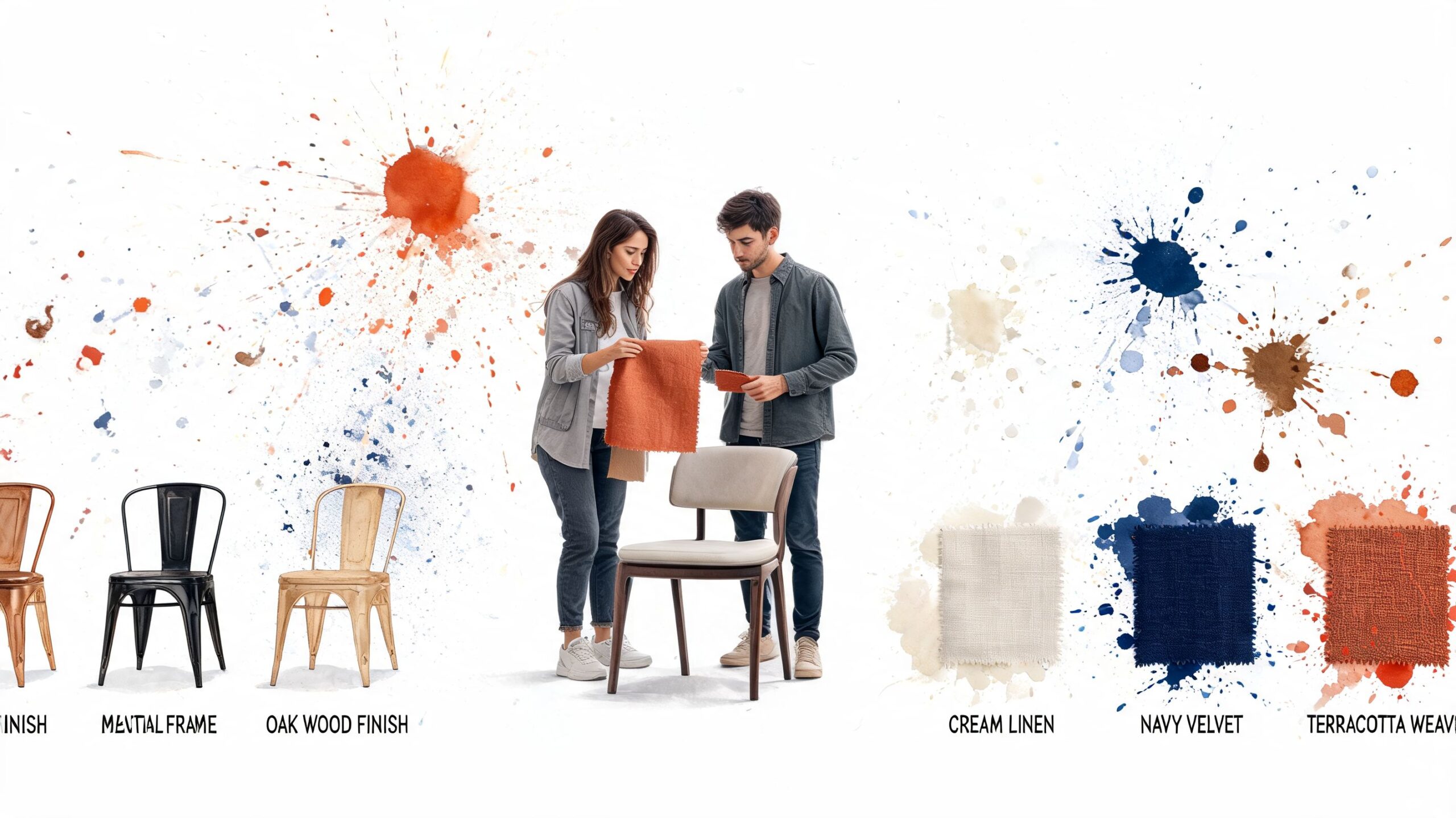 A couple examining fabric swatches for custom dining room chairs in a creative studio setting.