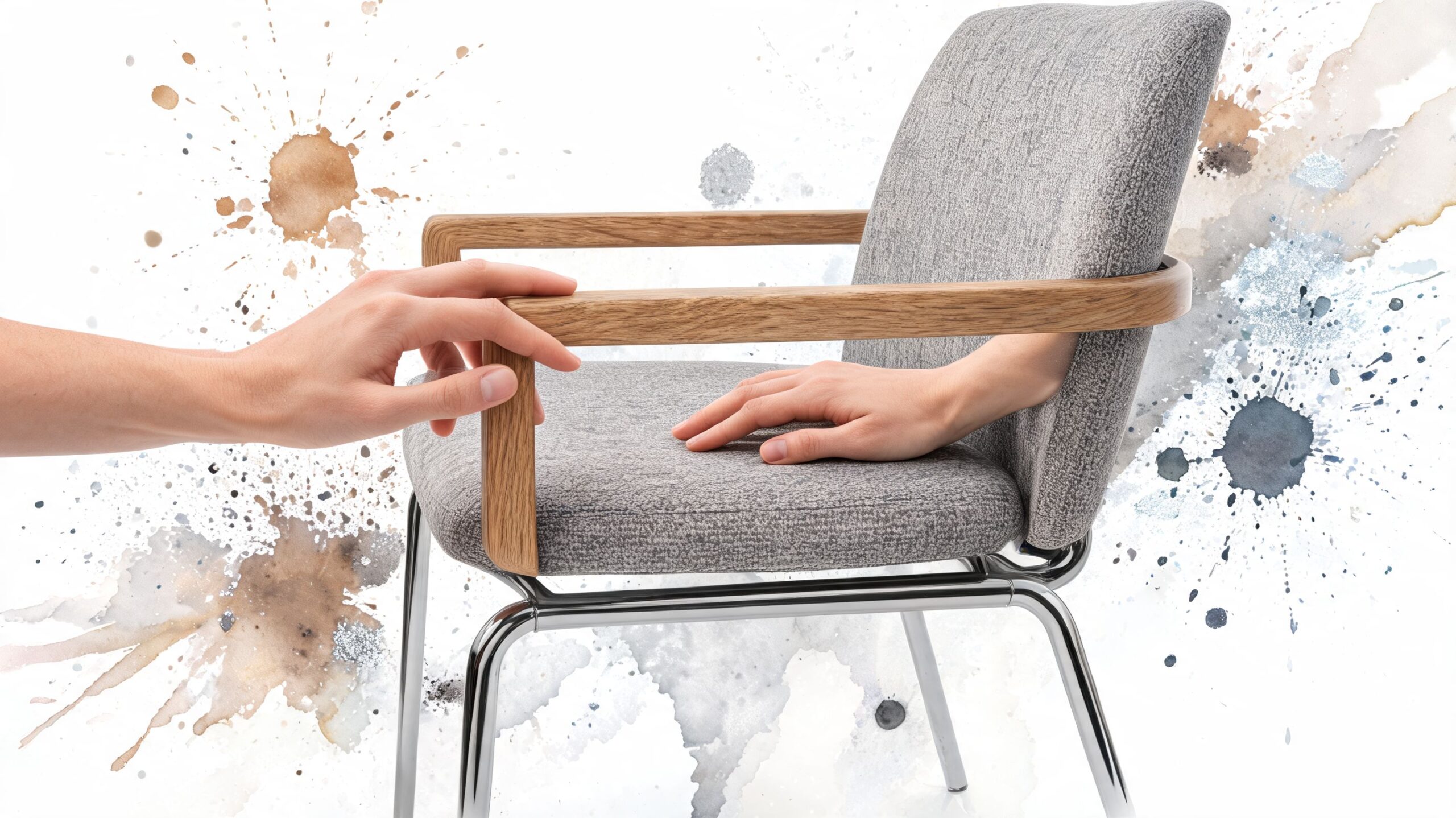 A minimalist gray upholstered dining chair with a wooden frame being touched by two hands.