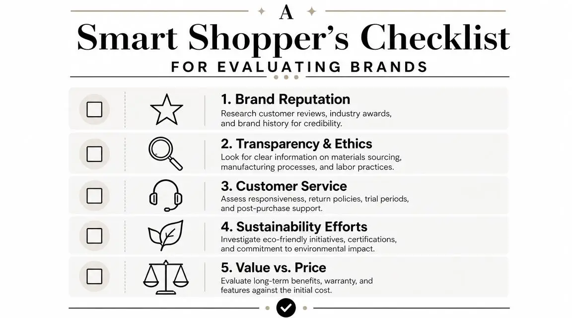 An infographic titled A Smart Shopper's Checklist for Evaluating Brands with five key criteria for evaluation.