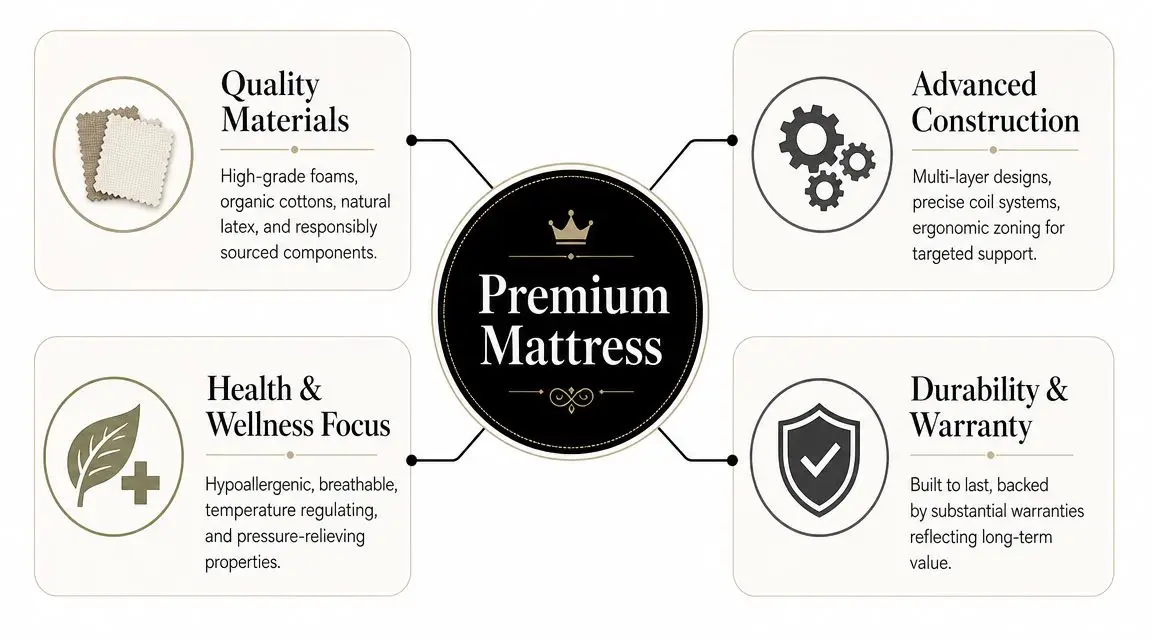 An infographic highlighting the four key features of a premium mattress: quality materials, construction, wellness, and durability.