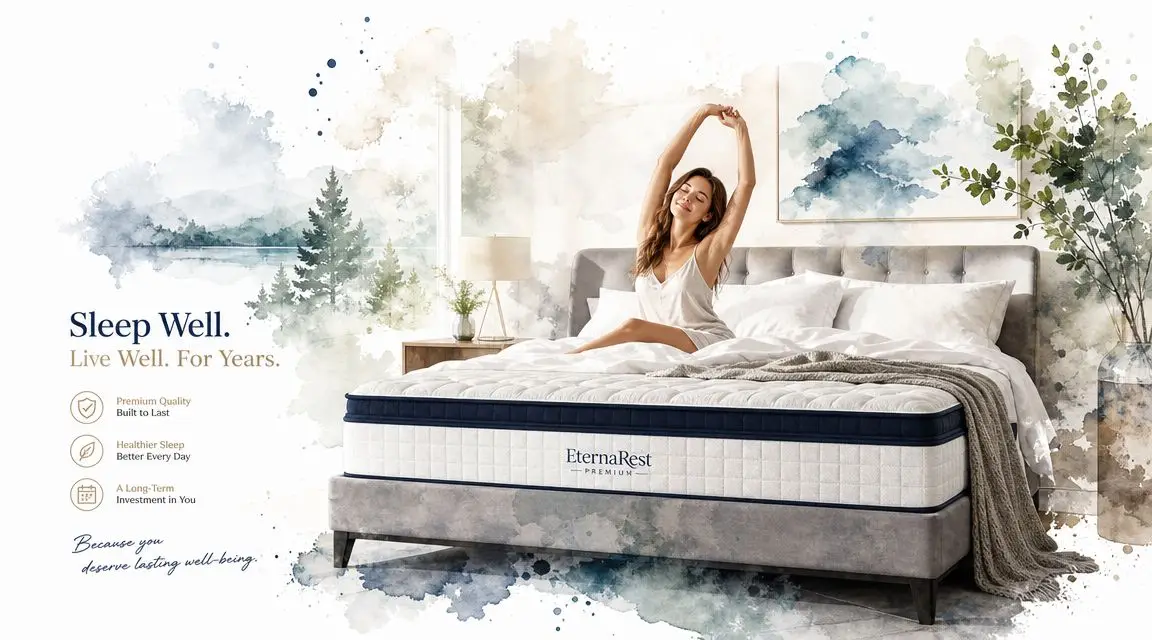 A woman stretches while sitting on an EternaRest premium mattress in a serene, watercolor-styled bedroom setting.