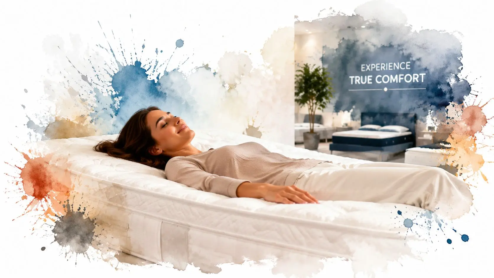 A woman lying comfortably on a premium mattress in a bright bedroom showroom with watercolor art effects.