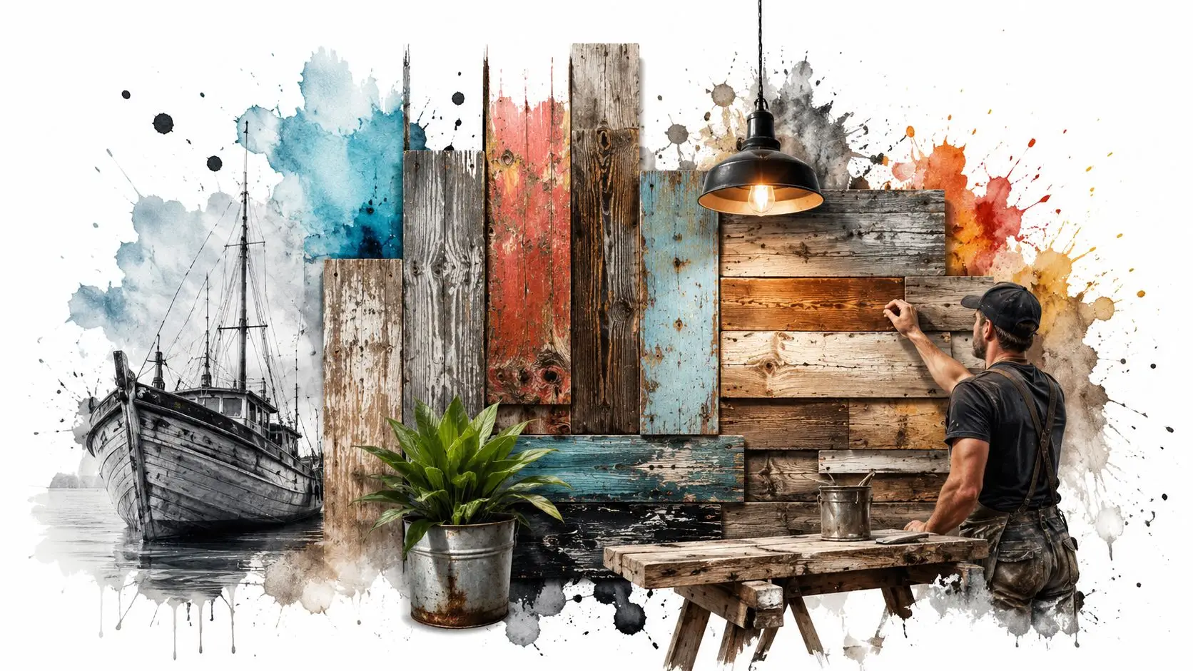 A craftsman working on a wall made of multi-colored reclaimed wood next to a ship illustration.