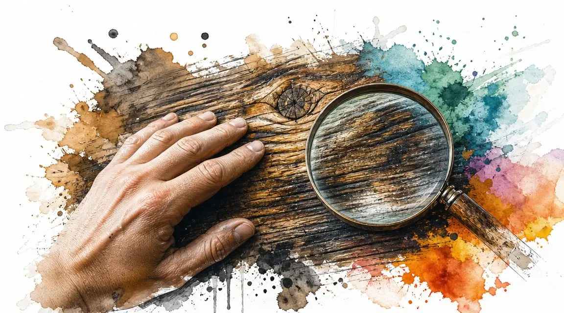 A hand touching weathered wood with a magnifying glass held over a section of the grain.