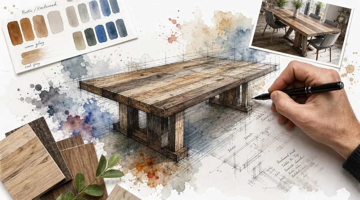 A hand sketching a rustic reclaimed wood table design with architectural plans and sample material swatches.