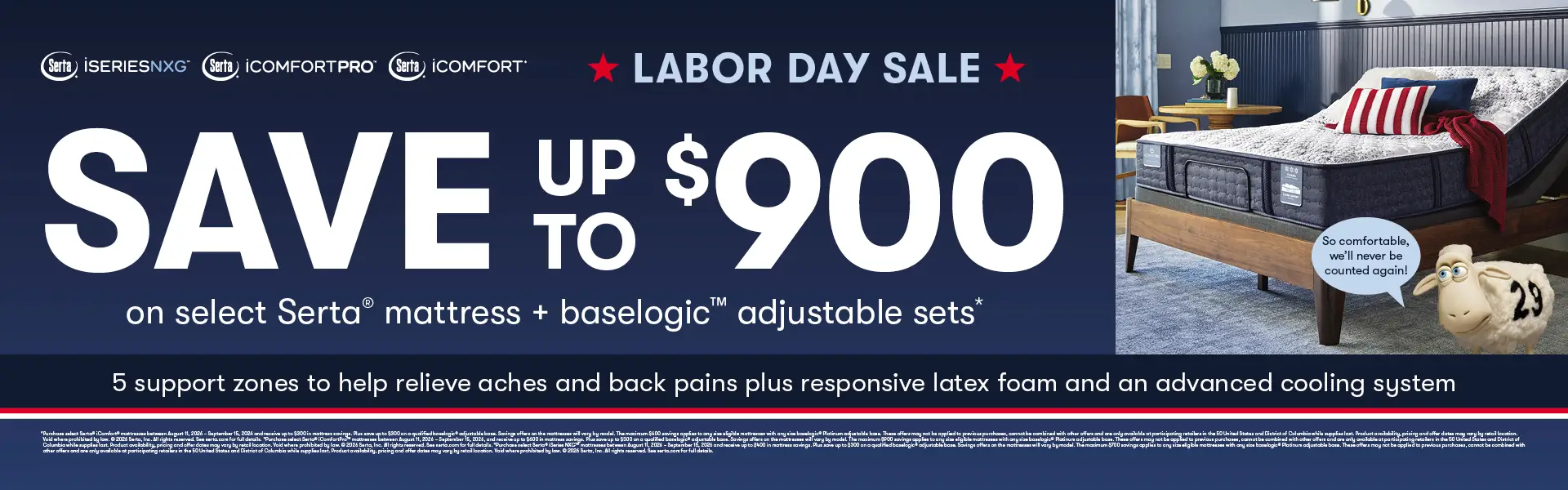 Serta Labor Day Sale advertisement offering up to $900 off.