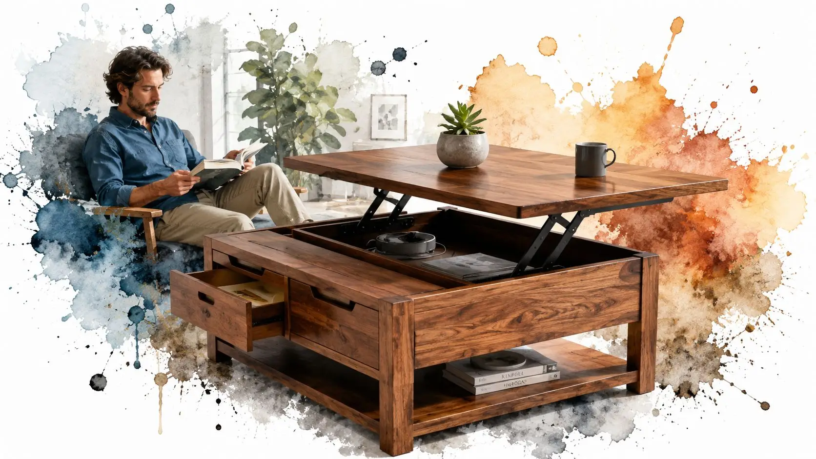 A man sits on a chair reading a book next to a wooden lift-top coffee table with storage.
