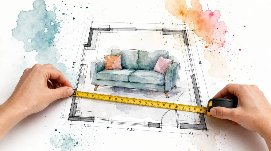 A pair of hands measuring a floor plan with a sofa drawing using a yellow tape measure.