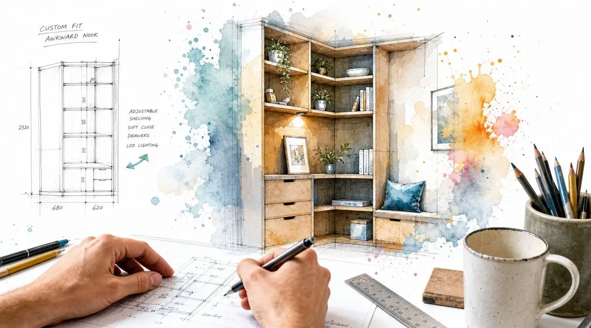 A designer sketching a custom shelving design for a small room on a piece of paper.