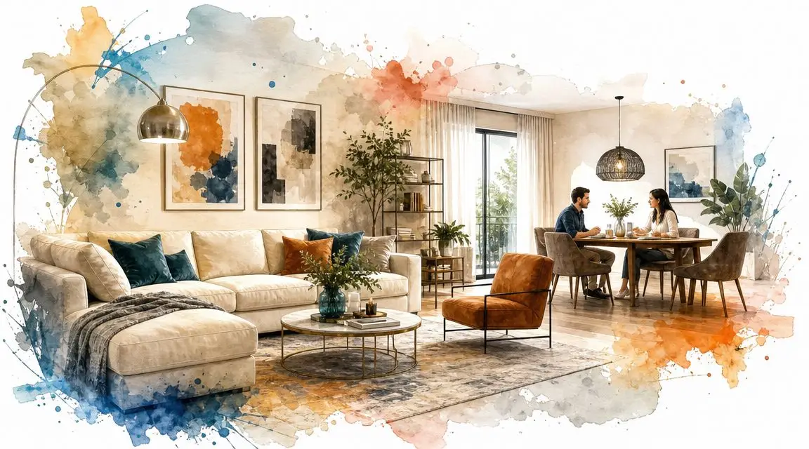 A watercolor artistic rendering of a modern living and dining room with a sofa and dining table.