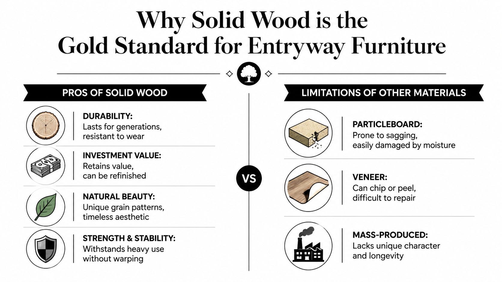 A comparison infographic showing the pros of solid wood furniture versus the limitations of other materials.
