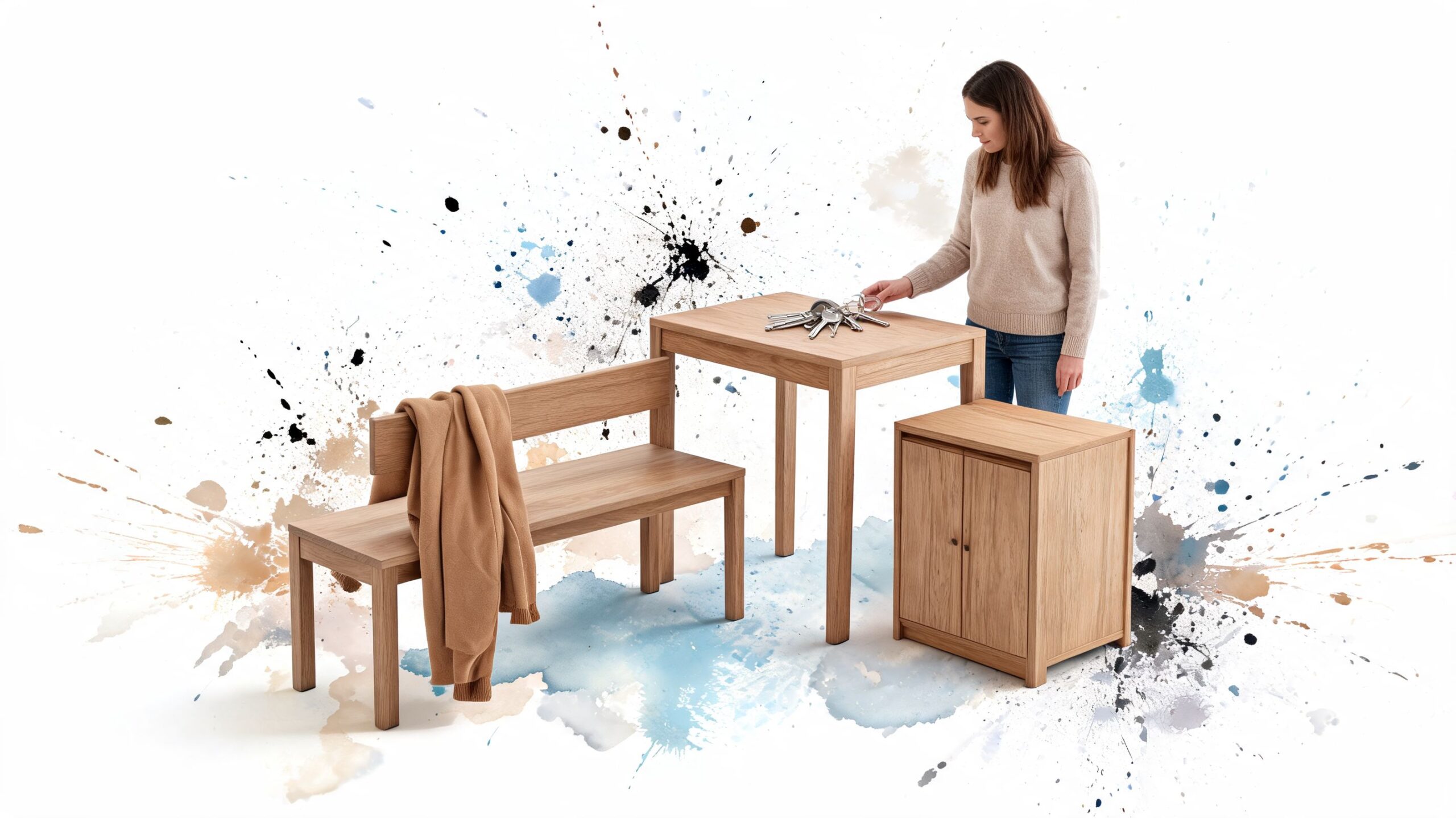 A woman placing keys on a solid wood console table next to a matching bench and storage cabinet.