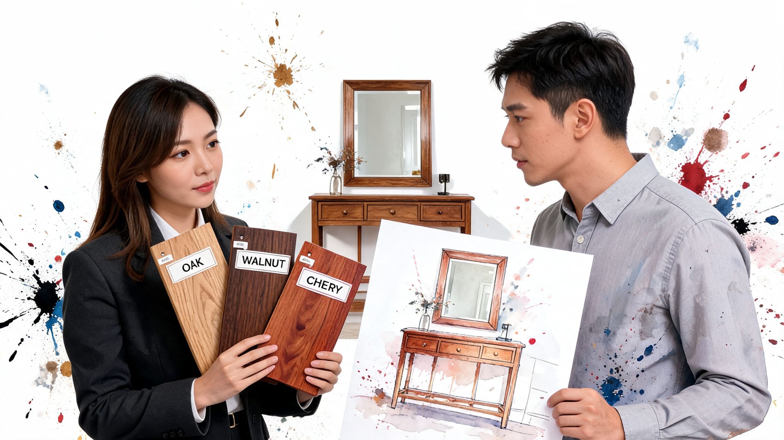 A professional interior designer showing wood swatches while a client holds a watercolor sketch of entryway furniture.