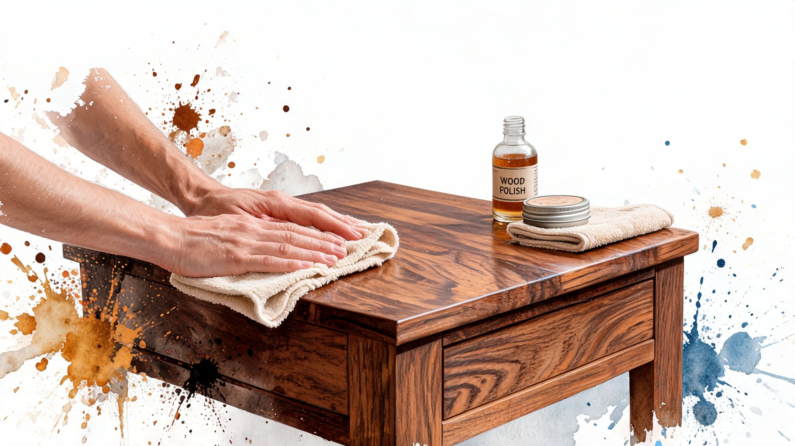 A person polishing a beautiful solid wood entryway table with a soft cloth and wood polish.