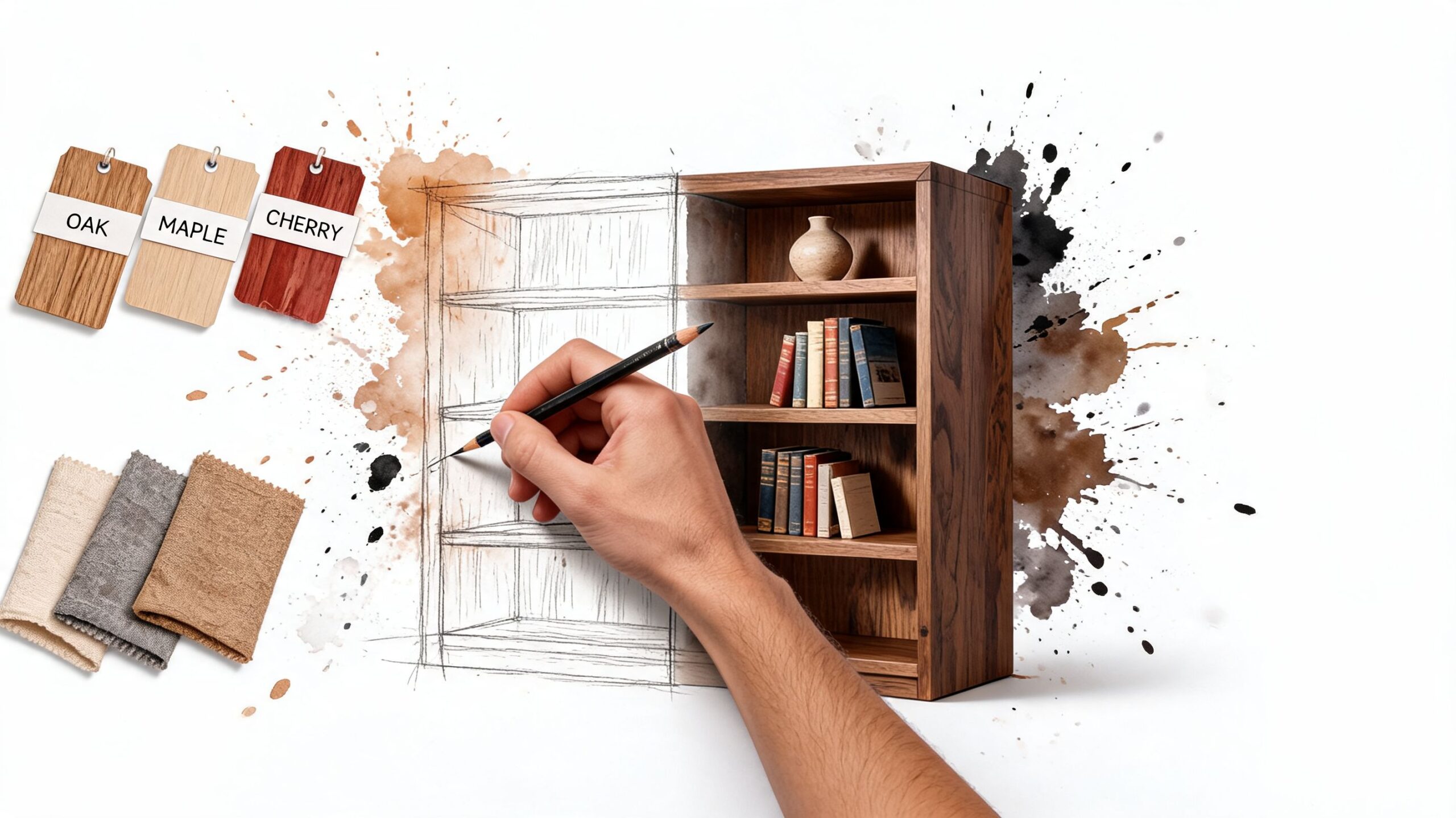 A hand sketches a wooden bookcase with material swatches and wood samples on a white background.