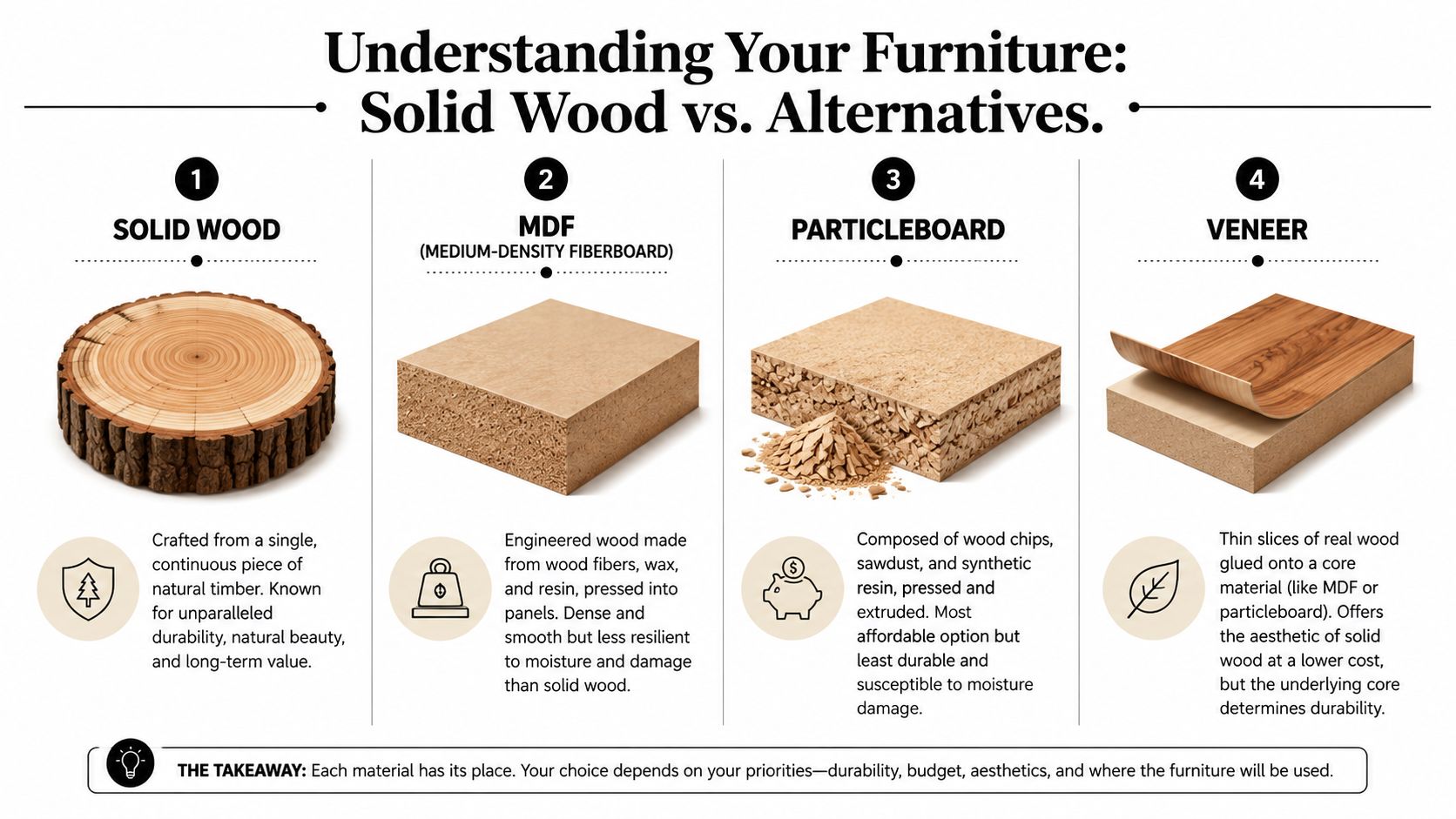 A comparison chart explaining the differences between solid wood, MDF, particleboard, and veneer furniture materials.