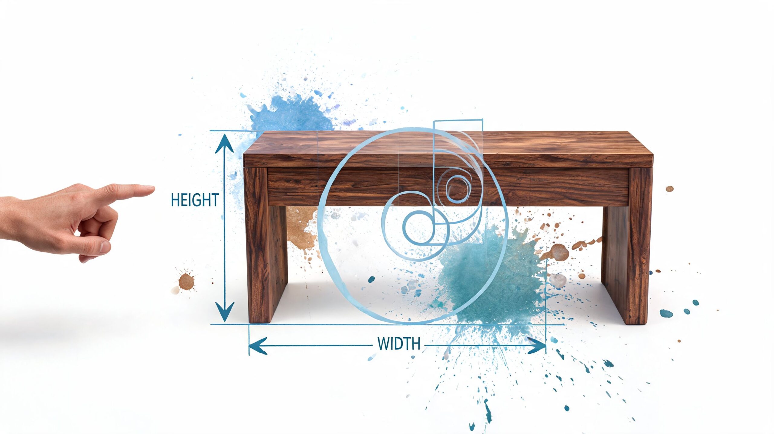 A hand pointing at a solid wood bench featuring golden ratio design overlays and paint splashes.