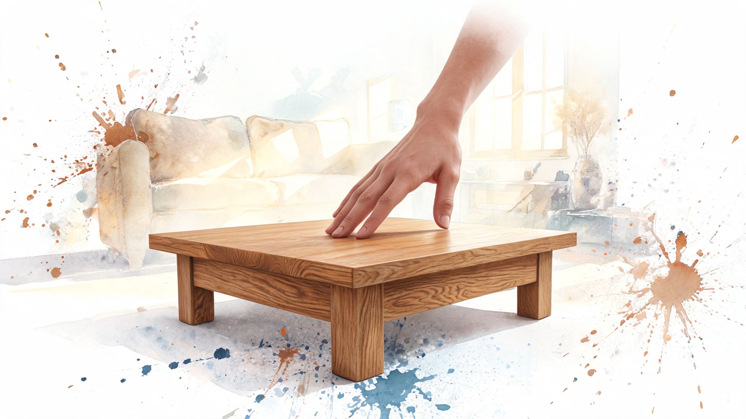 A hand rests on a high-quality solid wood coffee table in a modern living room setting.