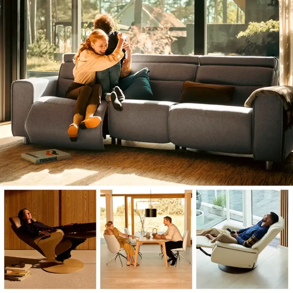 Collage of people relaxing on modern furniture in homes.