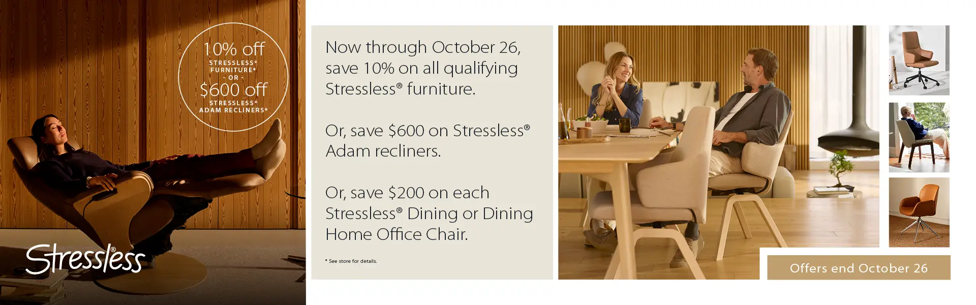 Stressless furniture sale advertisement featuring recliners and dining chairs.