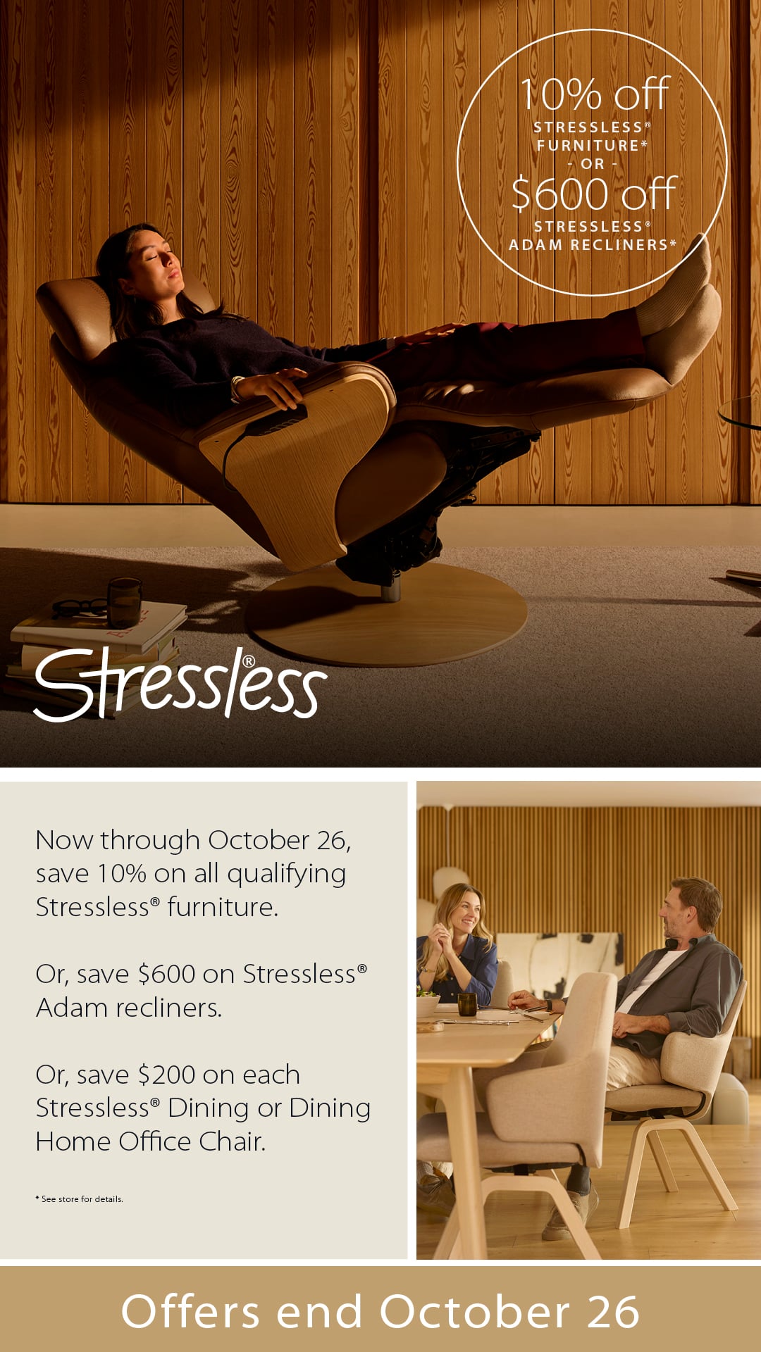 Woman relaxing in a Stressless recliner with promotional sale text.