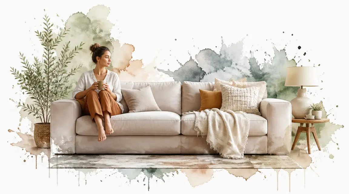 A relaxed woman sits on a cozy beige sofa, holding a mug, in a peaceful living room setting.