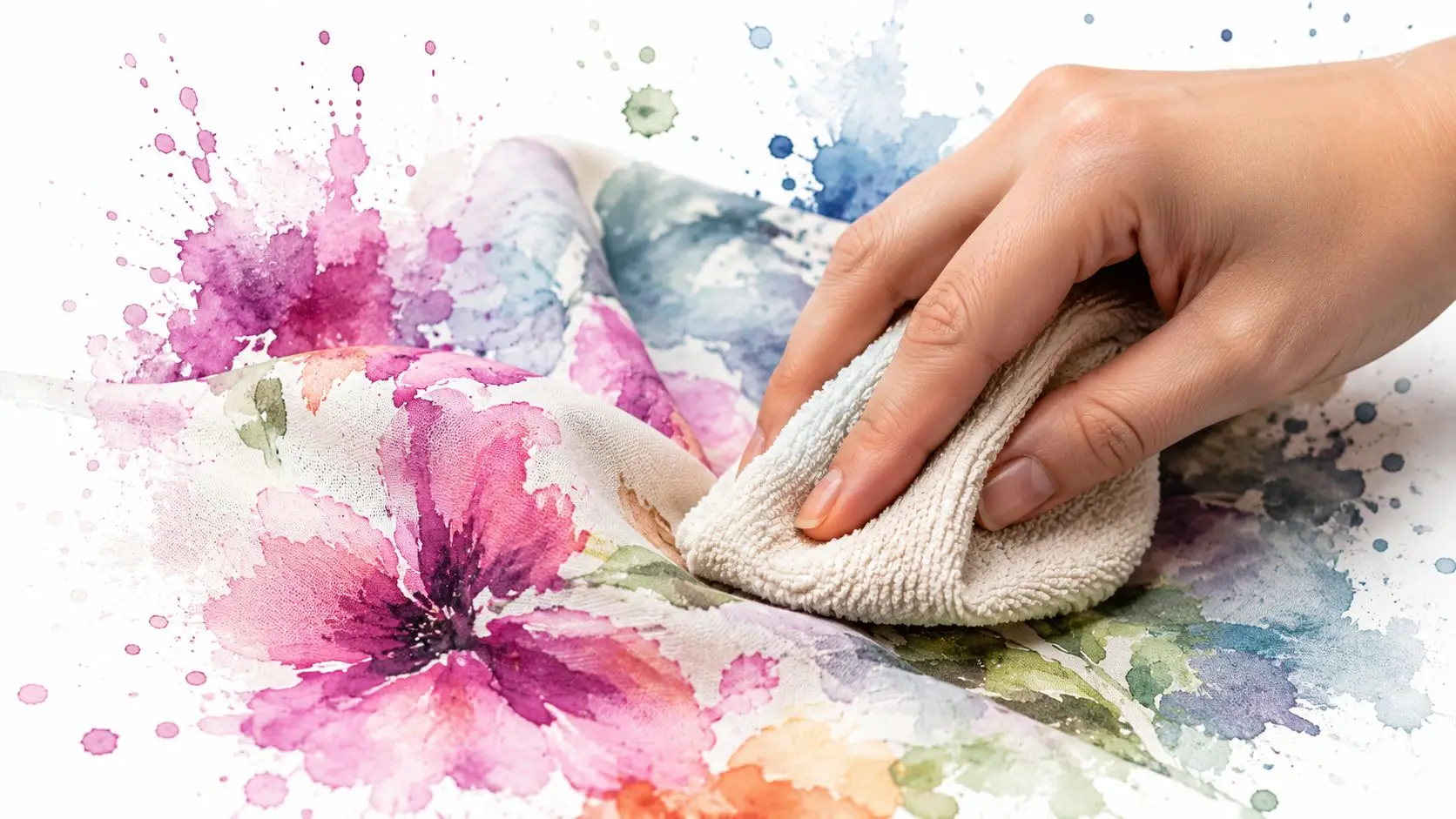 A hand wiping a colorful floral patterned upholstery fabric with a white cleaning cloth.