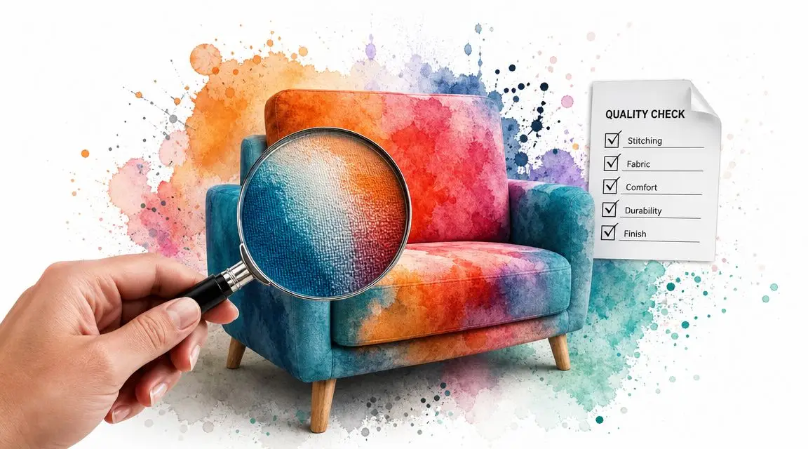 A hand holding a magnifying glass inspecting the colorful fabric texture of a modern armchair quality check.