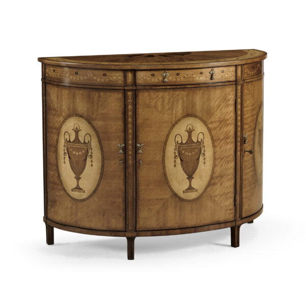 adam style satinwood & marquetry demilune cabinet