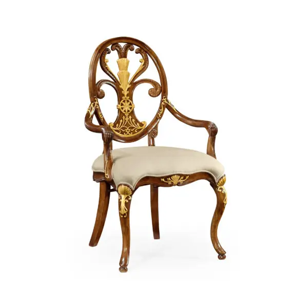 sheraton style walnut & gilded oval back arm chair