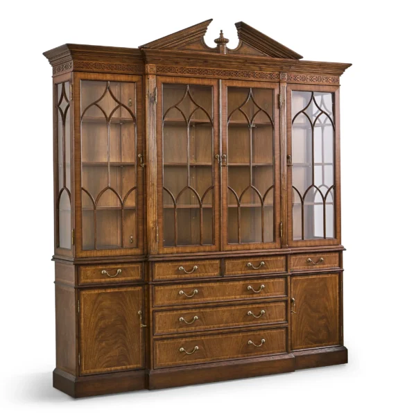 triple walnut display cabinet with drawers
