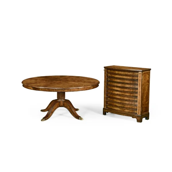 walnut extending circular dining table with storage cabinet for leaves 66"