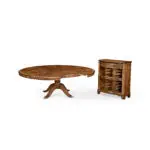 walnut extending circular dining table with storage cabinet for leaves 66"