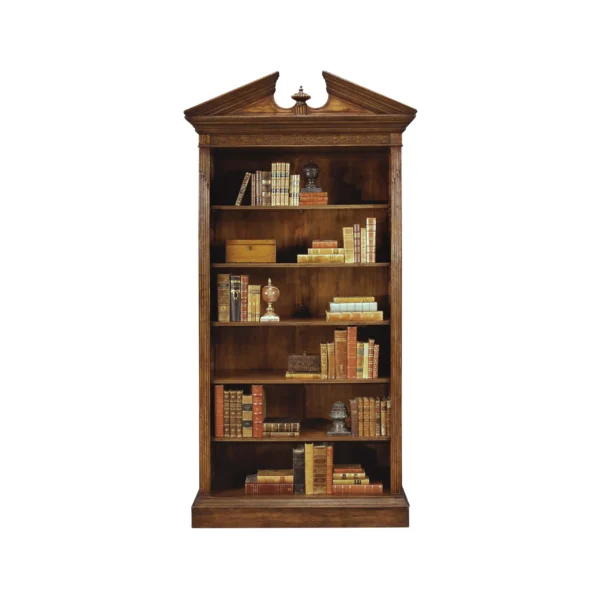 walnut open bookcase with pediment
