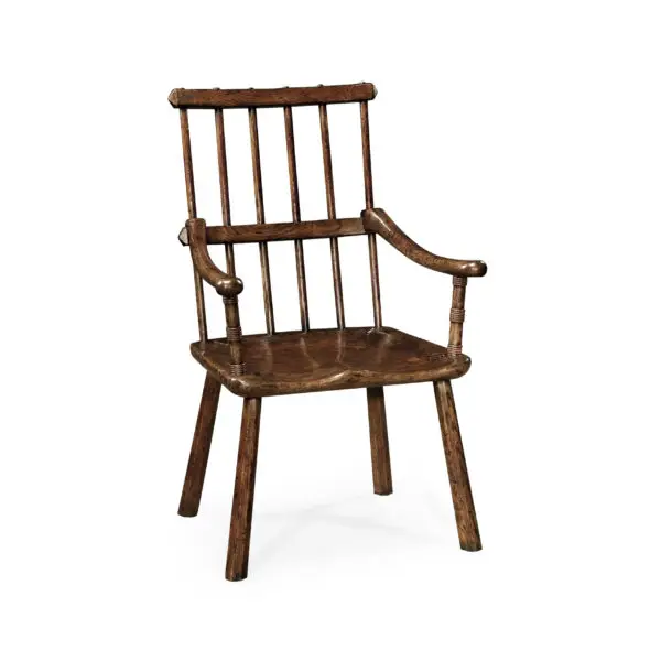 rustic dark oak country arm chair with a plank seat
