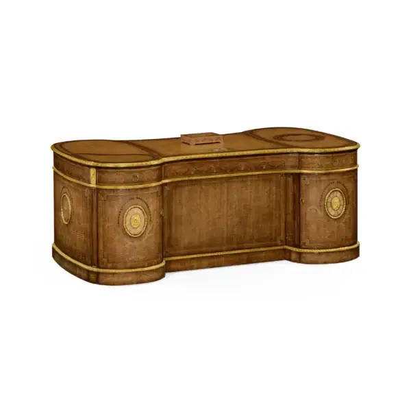 Ornate antique wooden desk with gold accents and marquetry.
