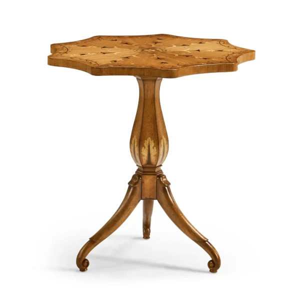 Antique-style star-shaped wooden table with intricate floral marquetry.
