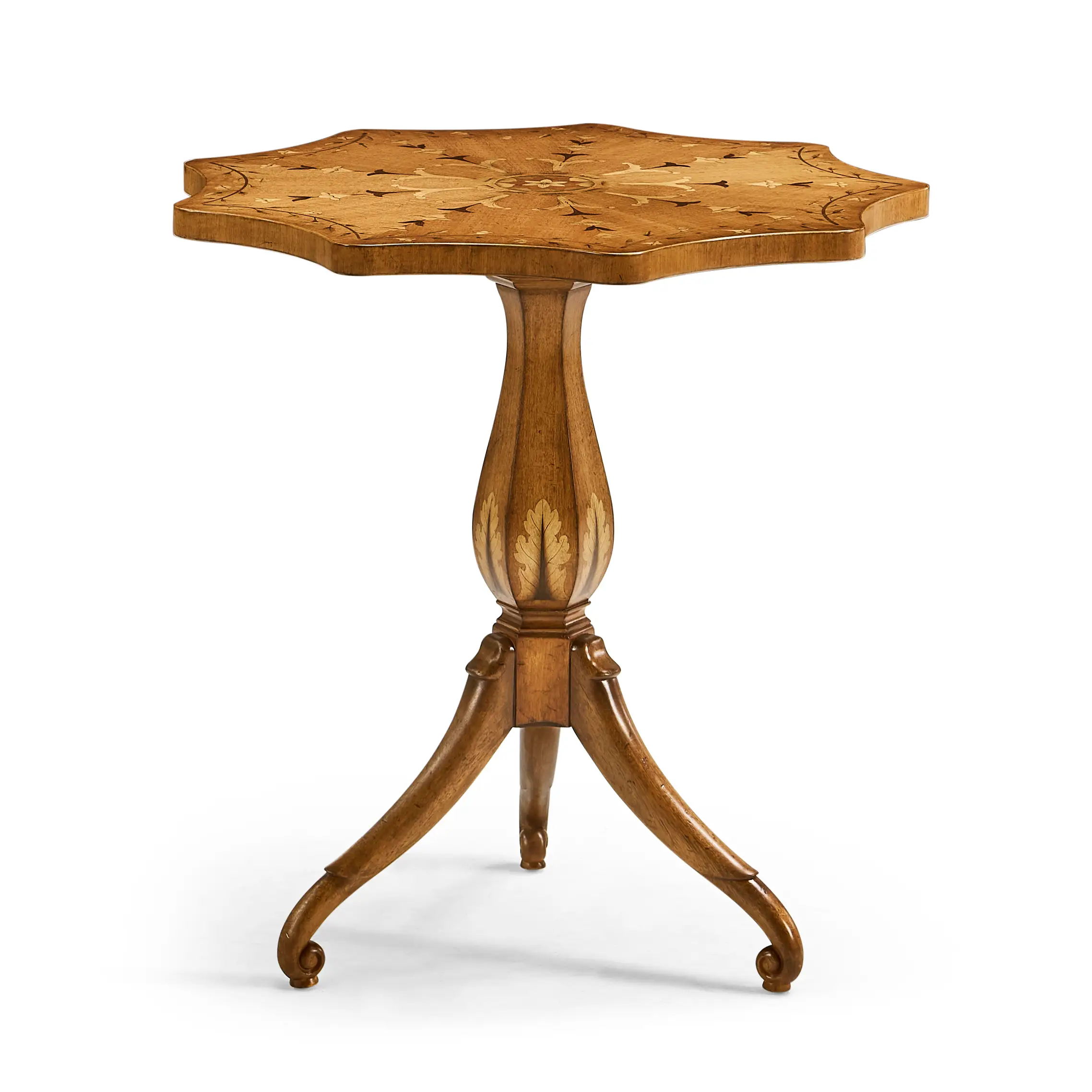 finely inlaid lamp table with nine sided top Antique-style star-shaped wooden table with intricate floral marquetry.