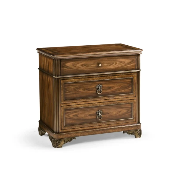 Classic walnut three-drawer nightstand with ornate brass hardware.