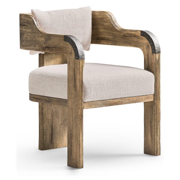 Rustic wooden armchair with light-colored fabric upholstery.