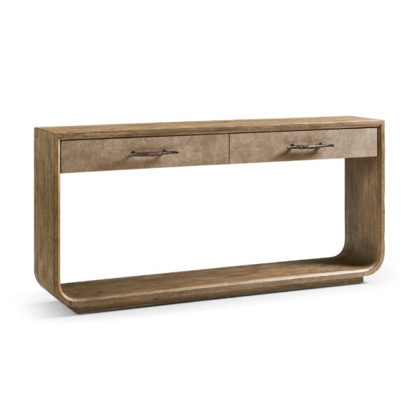 Rustic wooden console table with two drawers and rounded corners.