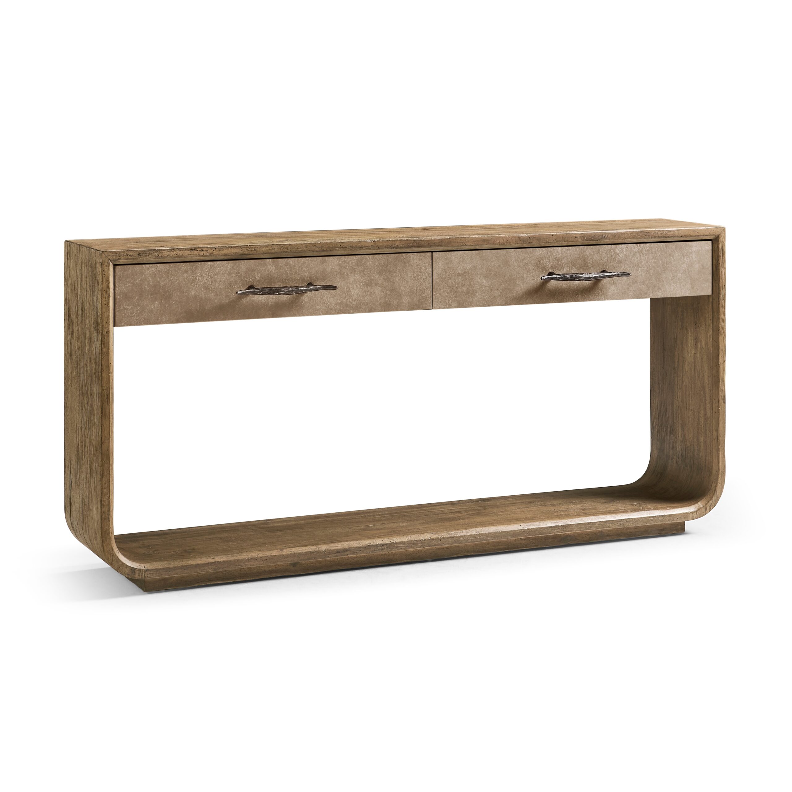 stone ridge console table light Rustic wooden console table with two drawers and rounded corners.