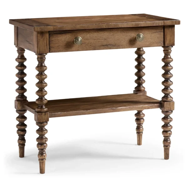 Rustic wooden console table with spindle legs and a drawer.