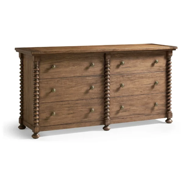 Rustic wooden dresser with bobbin-turned legs and drawer dividers.