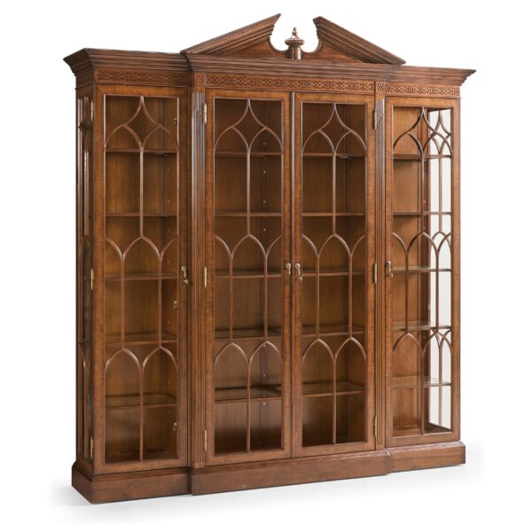 triple breakfront walnut display cabinet with pediment