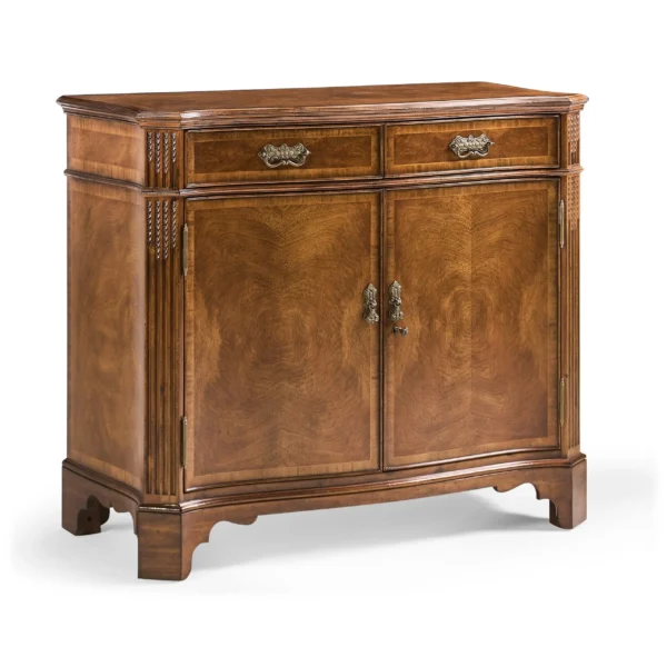 serpentine two door walnut cabinet